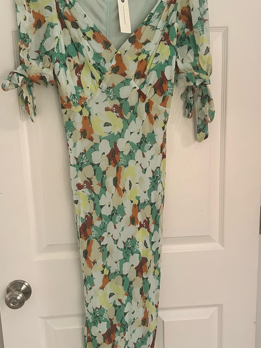 Anthropologie Sage Green Floral Tie-Sleeve Maxi Dress - Picture 2 of 4
